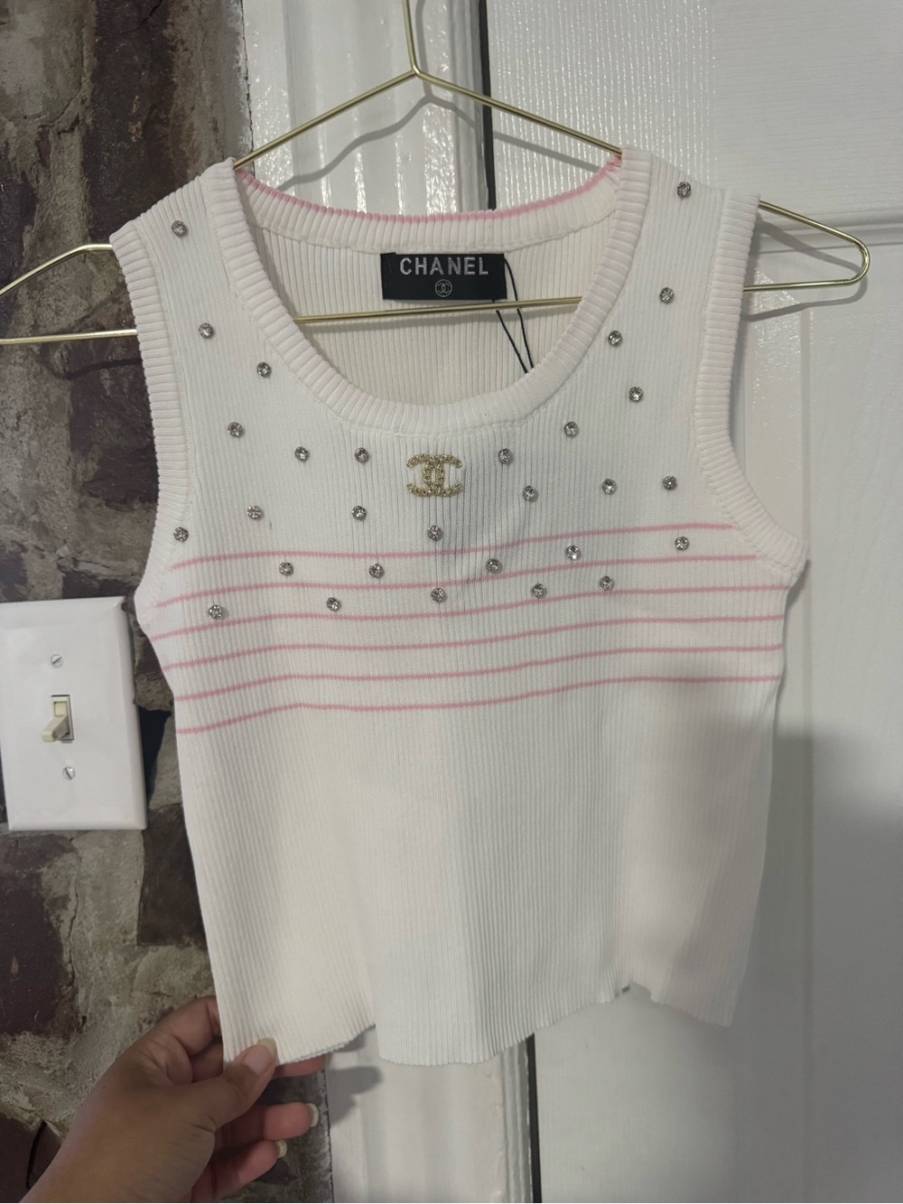 CHANEL White Tank with Pink Stripes and Gold CC Crystal Accents